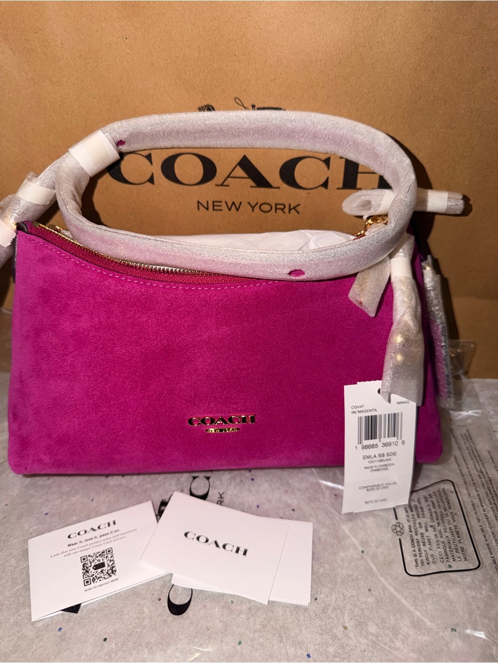 Coach Magenta Emeilia Suede Shoulder Bag with Gold Hardware CGV47